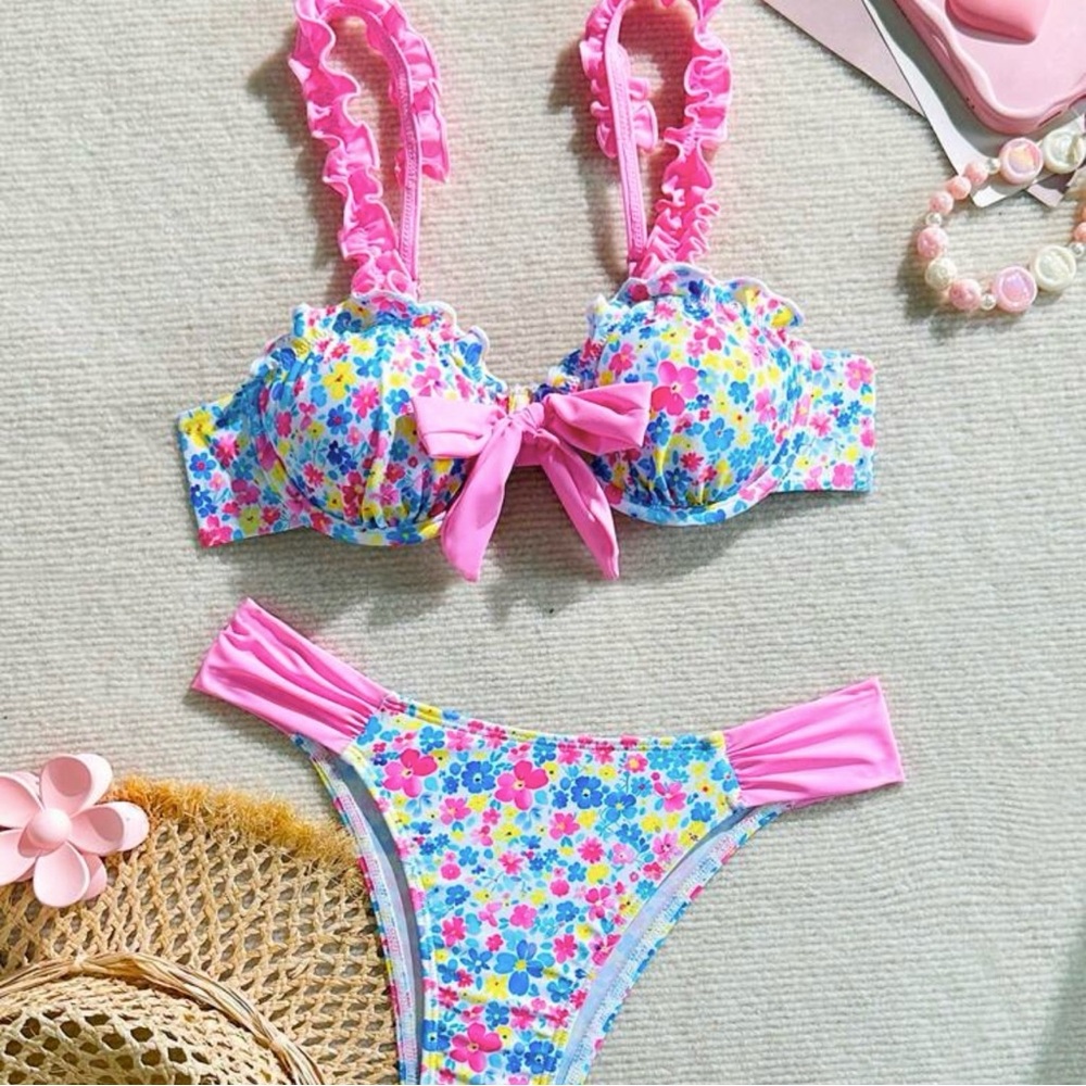 Coquette Girl Bikini Set with Pink Bow & Ruffles